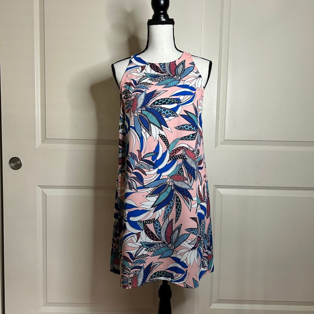 🟢 Le Kate Pink Tropical Leaf Print Sleeveless Shift Dress - Size Medium